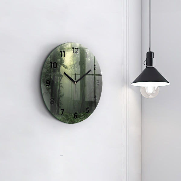 Round glass clock Misty forest in the morning