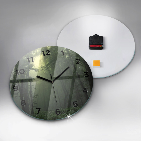 Round glass clock Misty forest in the morning