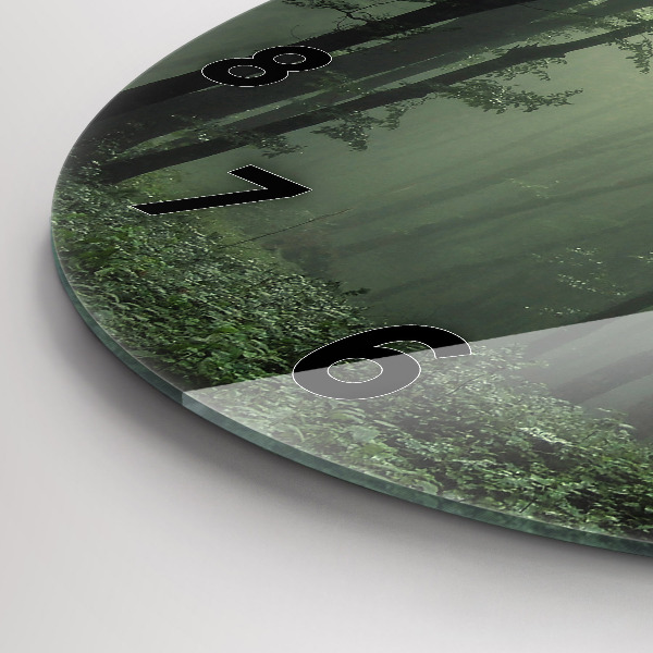 Round glass clock Misty forest in the morning