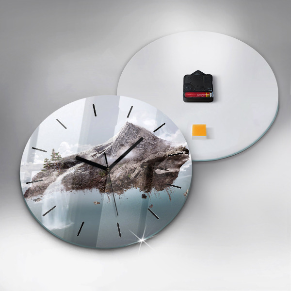 Round glass clock Flying Island and Waterfall