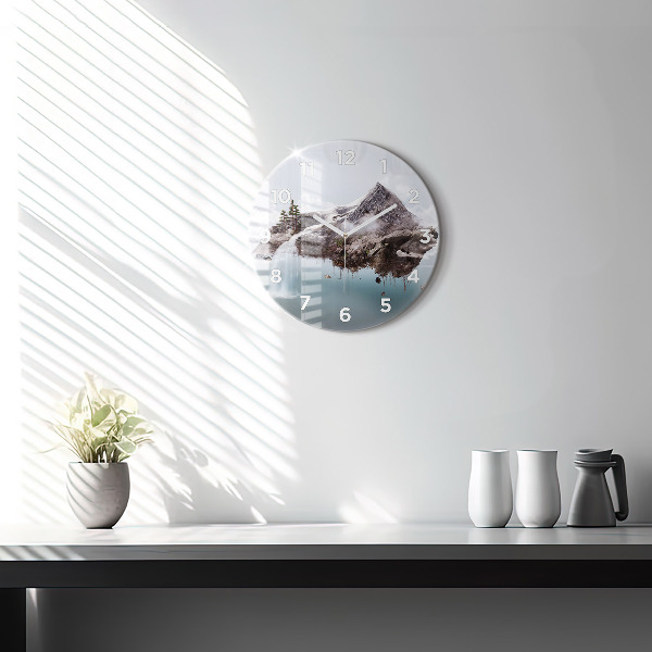Round glass clock Flying Island and Waterfall