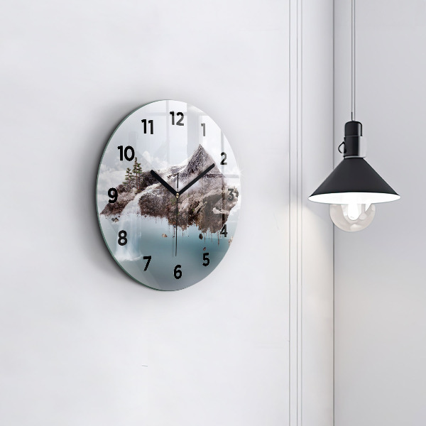 Round glass clock Flying Island and Waterfall