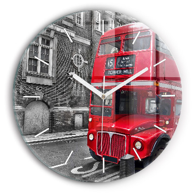Round glass clock Red double-decker bus