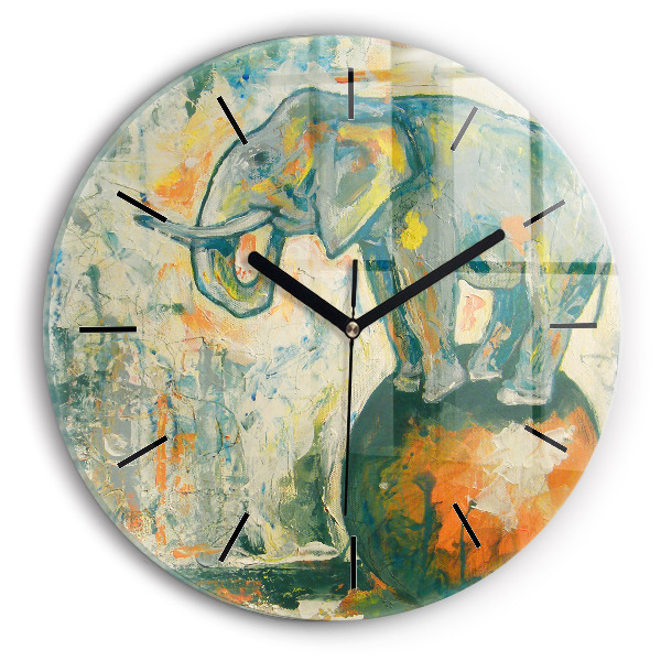 Round glass clock Painted elephant posture
