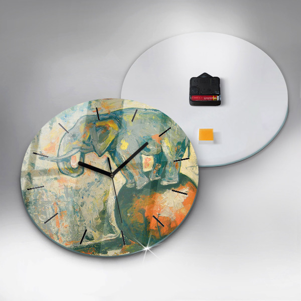 Round glass clock Painted elephant posture