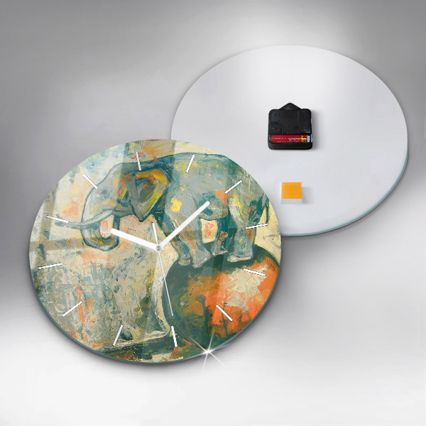 Round glass clock Painted elephant posture