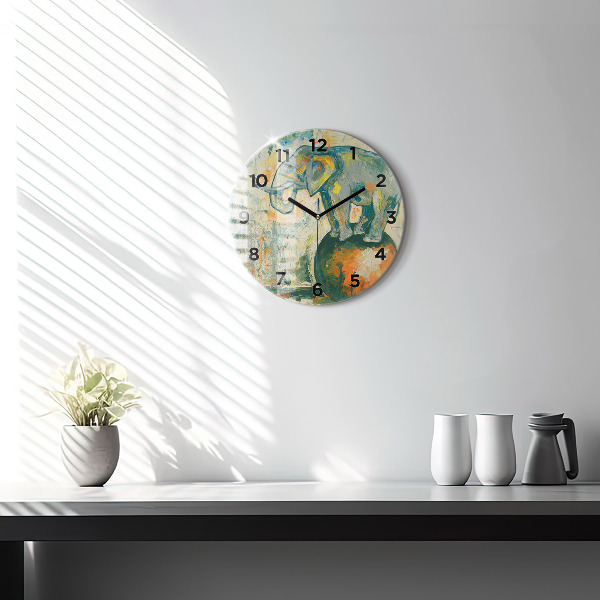 Round glass clock Painted elephant posture