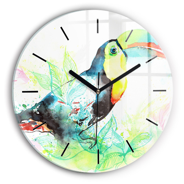 Round glass clock Toucan in the grass