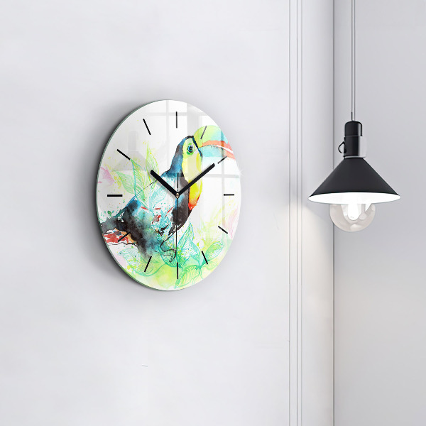 Round glass clock Toucan in the grass