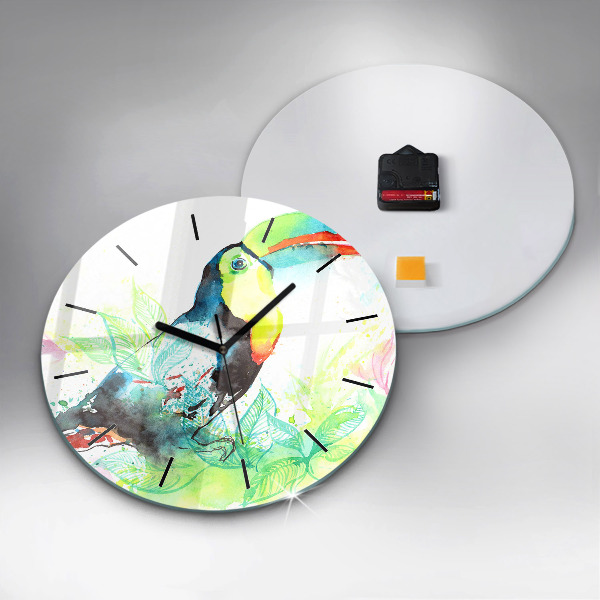 Round glass clock Toucan in the grass