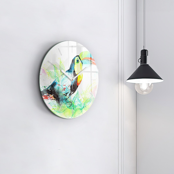 Round glass clock Toucan in the grass