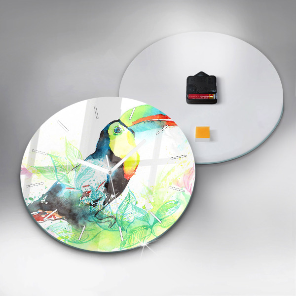 Round glass clock Toucan in the grass