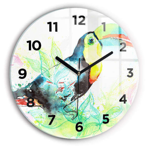 Round glass clock Toucan in the grass
