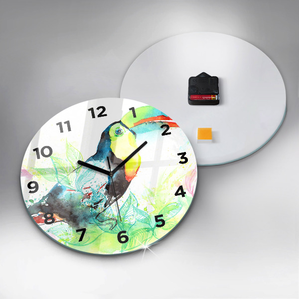 Round glass clock Toucan in the grass