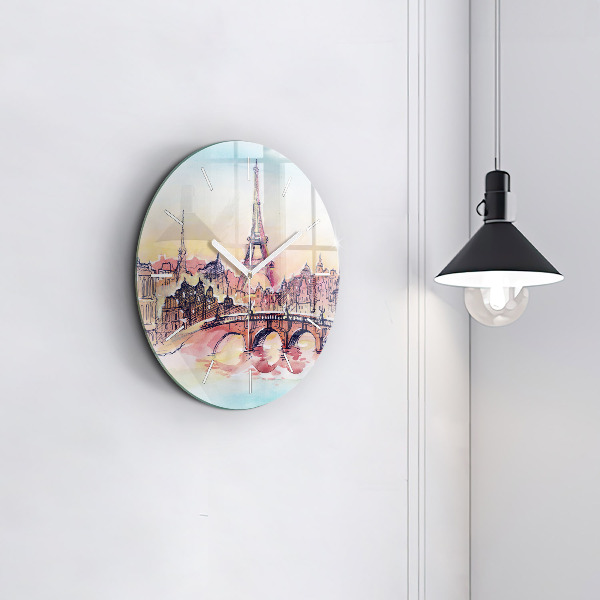 Round glass clock Painted Landscape of Paris