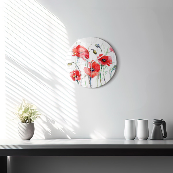 Round glass clock Painted Red Poppies