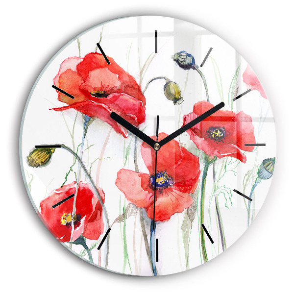 Round glass clock Painted Red Poppies