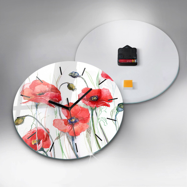 Round glass clock Painted Red Poppies