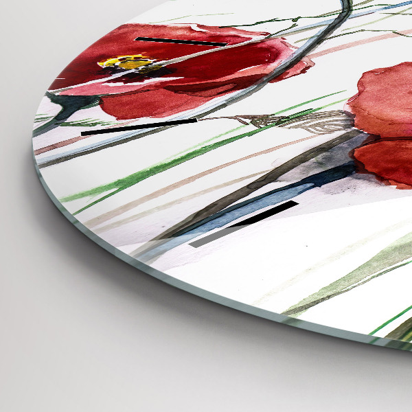 Round glass clock Painted Red Poppies