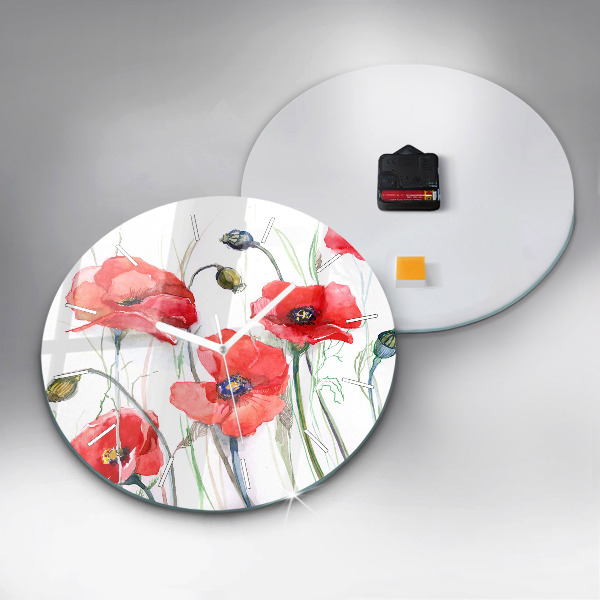 Round glass clock Painted Red Poppies