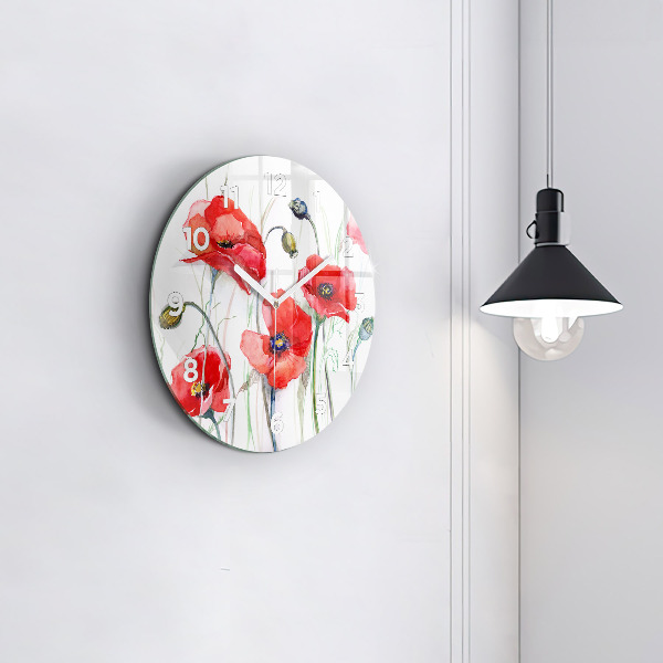 Round glass clock Painted Red Poppies
