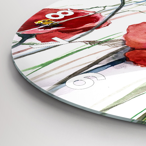 Round glass clock Painted Red Poppies
