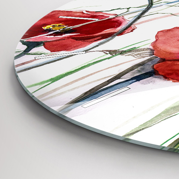 Round glass clock Painted Red Poppies