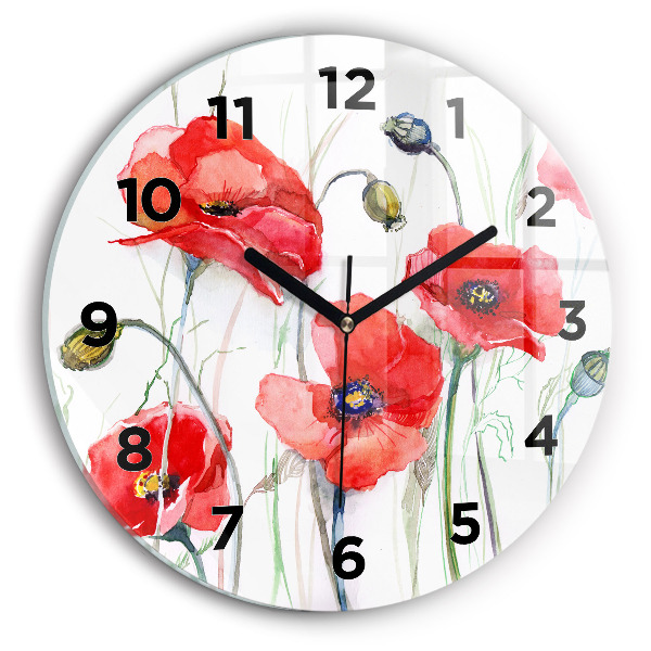 Round glass clock Painted Red Poppies