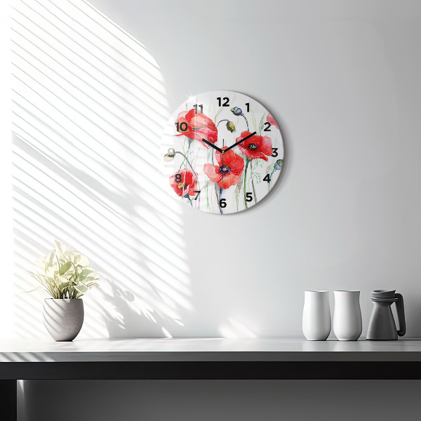 Round glass clock Painted Red Poppies