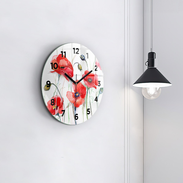 Round glass clock Painted Red Poppies