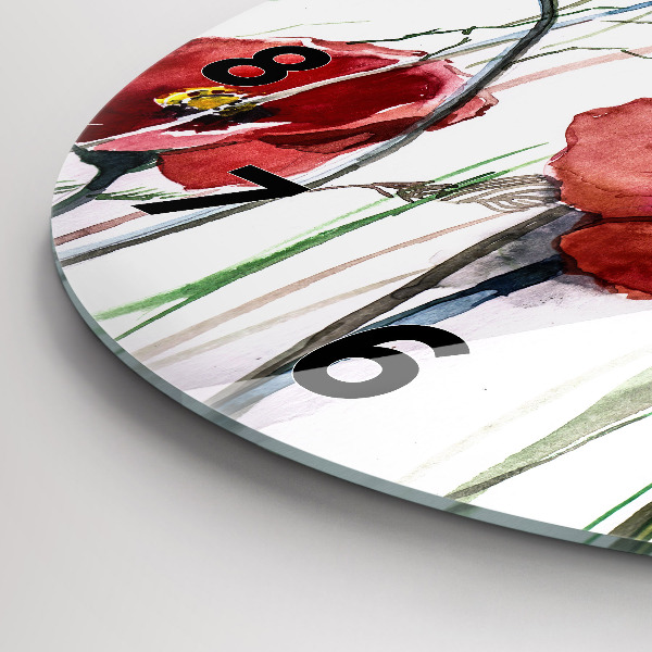 Round glass clock Painted Red Poppies