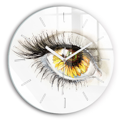Round glass clock Sunflower flower in the eye