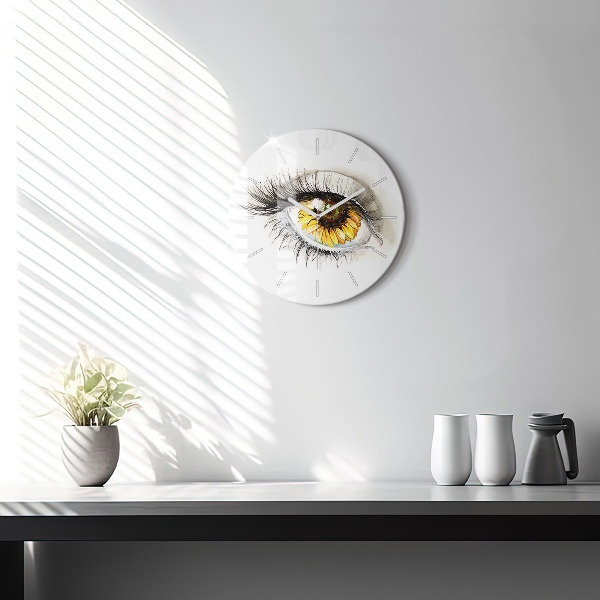 Round glass clock Sunflower flower in the eye