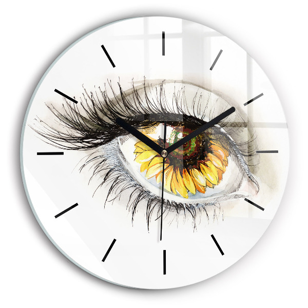 Round glass clock Sunflower flower in the eye