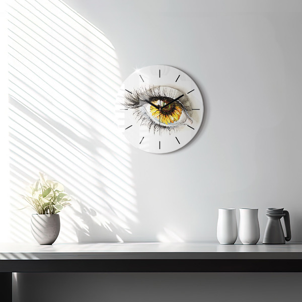 Round glass clock Sunflower flower in the eye