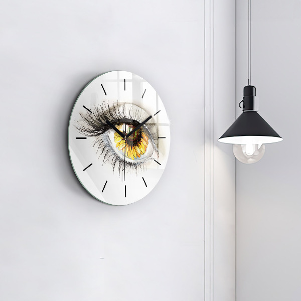 Round glass clock Sunflower flower in the eye