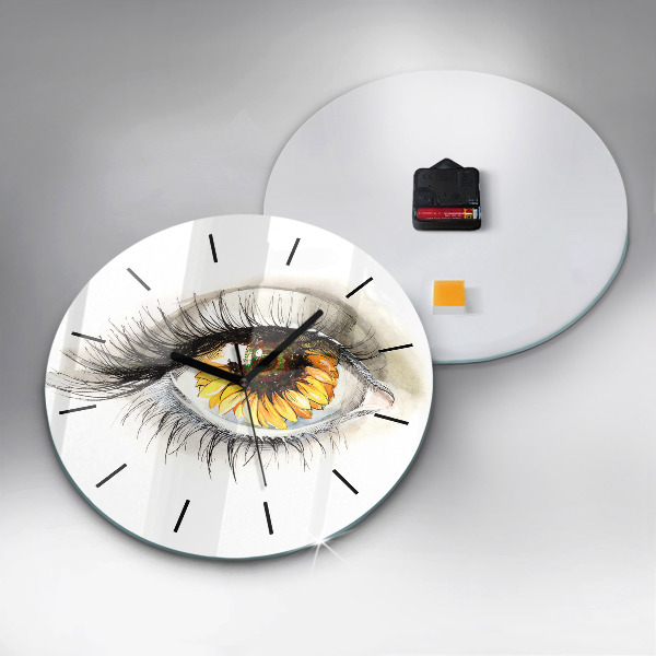 Round glass clock Sunflower flower in the eye