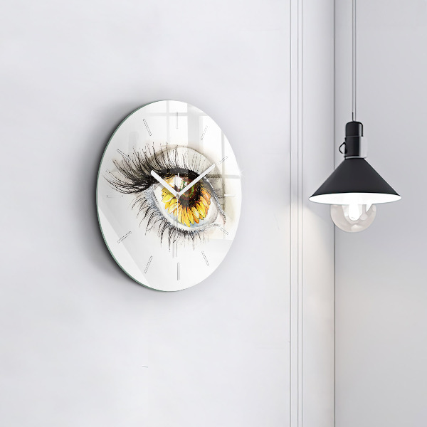 Round glass clock Sunflower flower in the eye