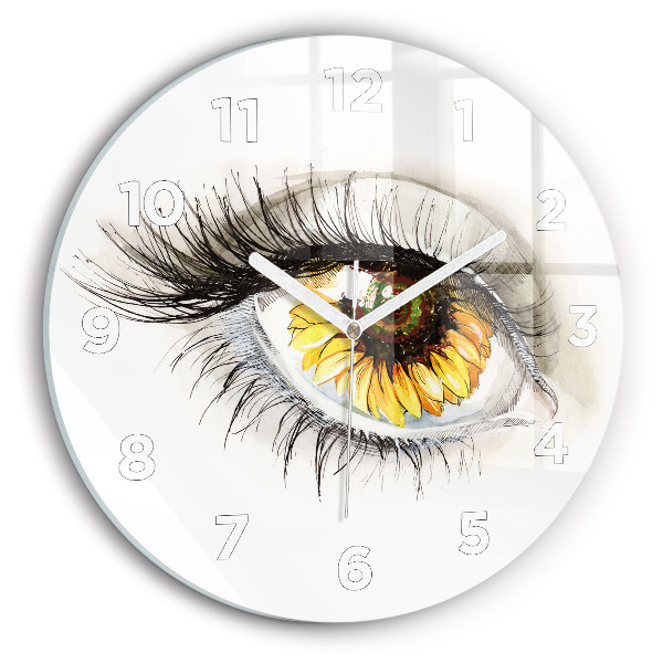 Round glass clock Sunflower flower in the eye