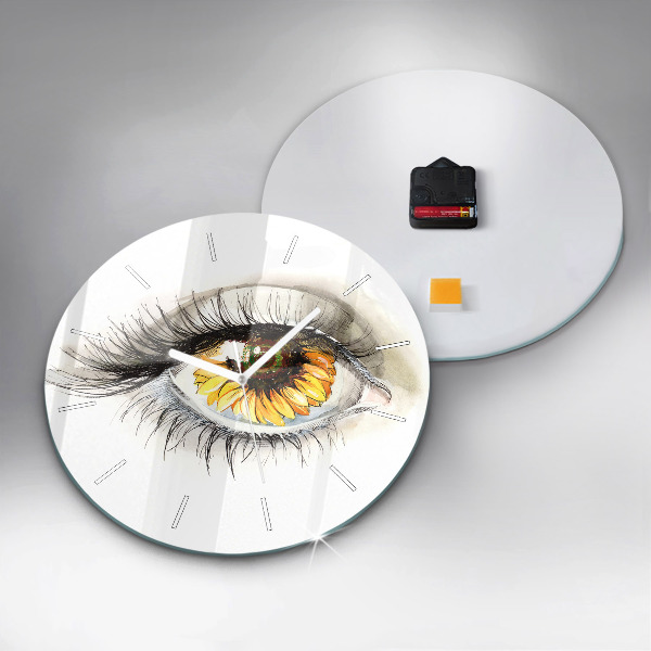 Round glass clock Sunflower flower in the eye