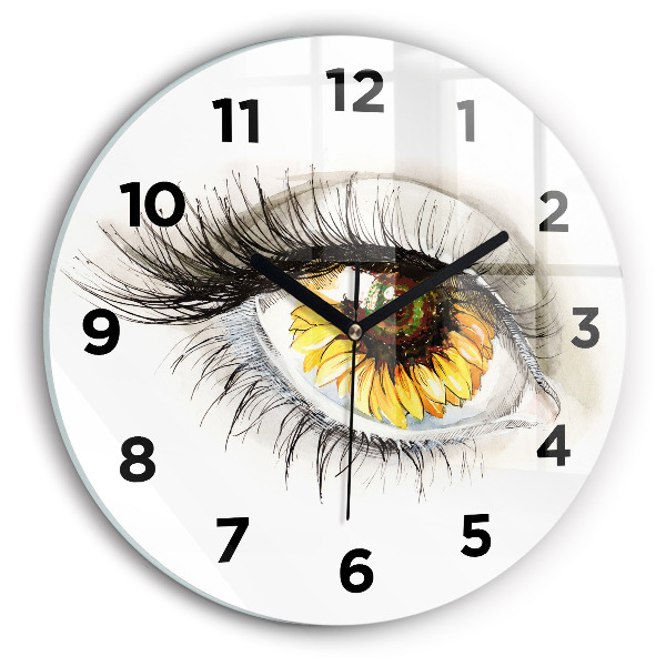 Round glass clock Sunflower flower in the eye