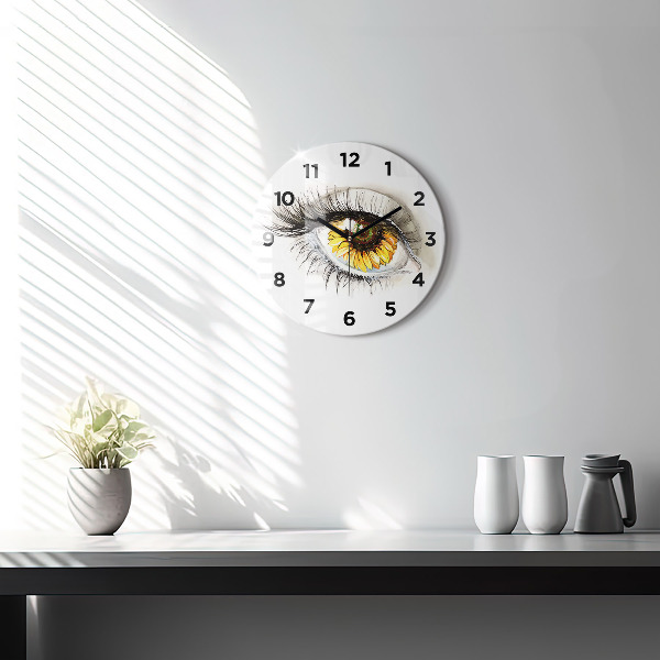Round glass clock Sunflower flower in the eye