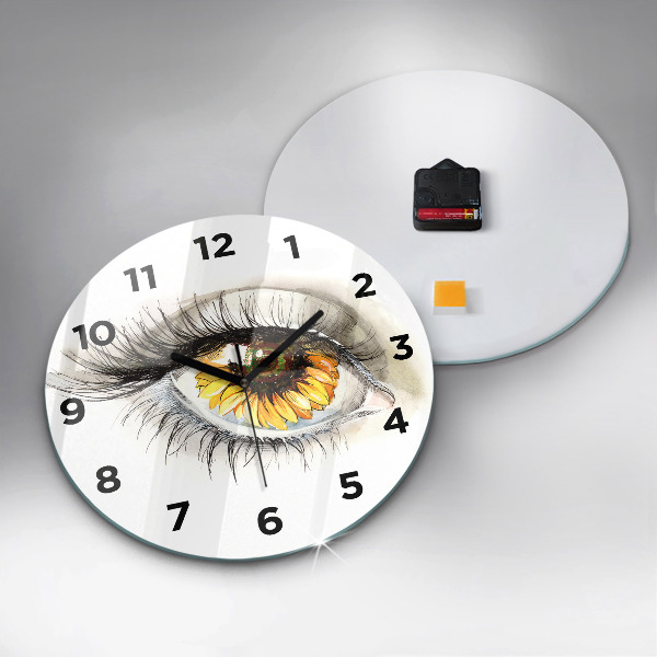 Round glass clock Sunflower flower in the eye