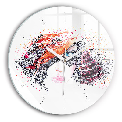 Round glass clock Sweet woman with cake