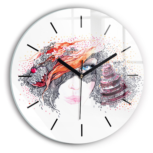 Round glass clock Sweet woman with cake