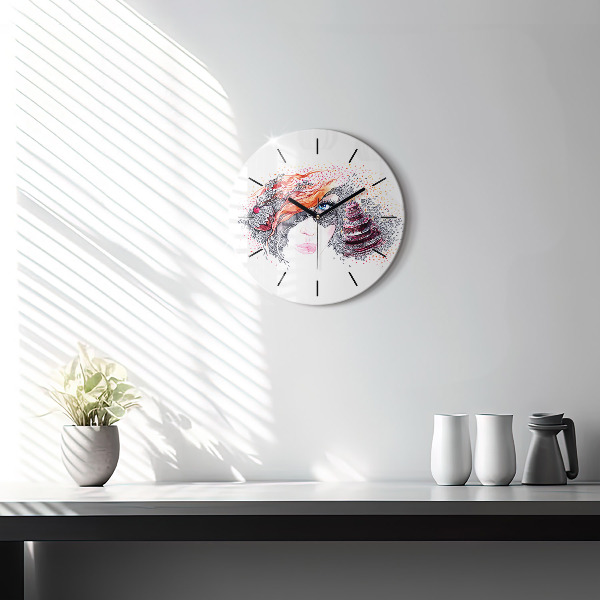 Round glass clock Sweet woman with cake