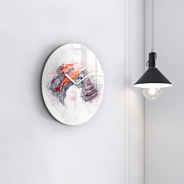 Round glass clock Sweet woman with cake