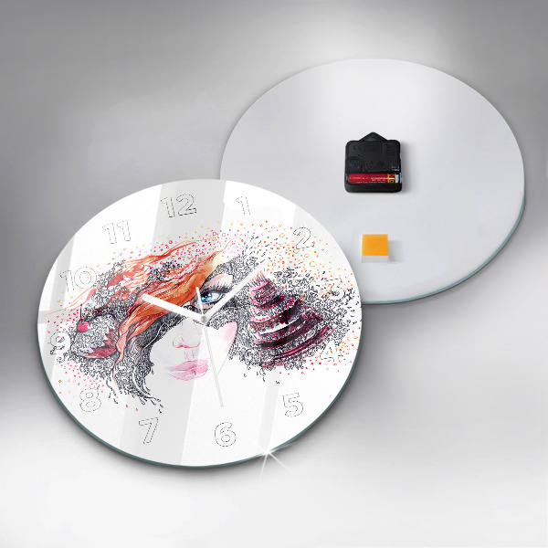 Round glass clock Sweet woman with cake