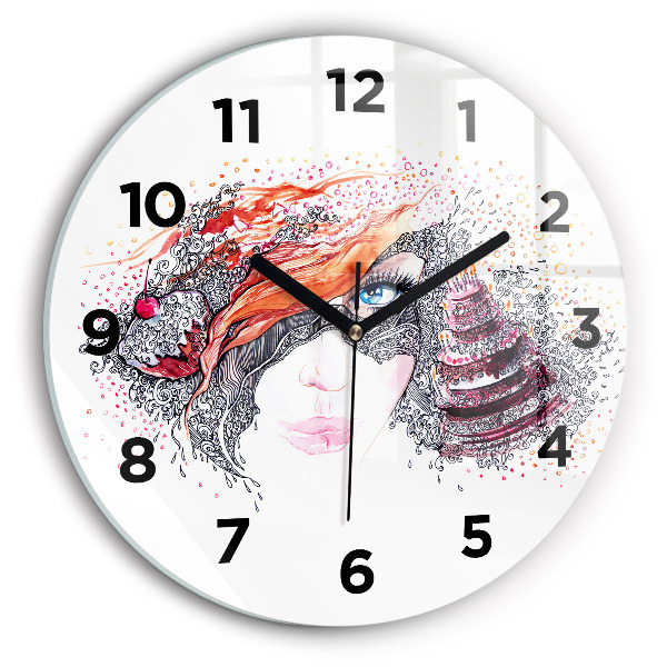 Round glass clock Sweet woman with cake