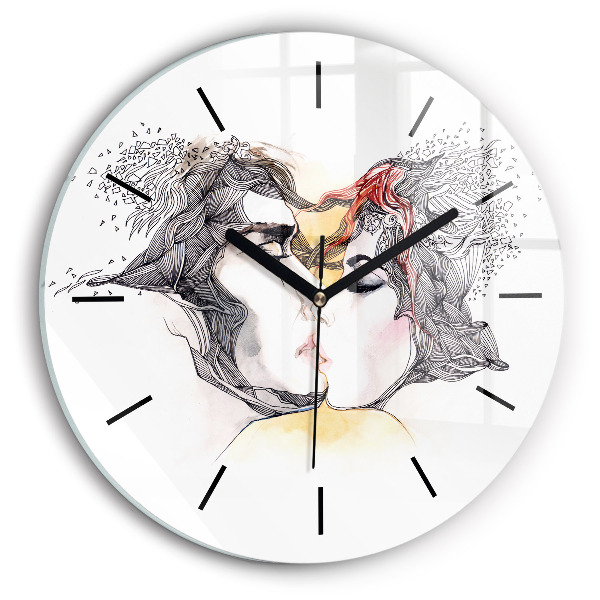 Round glass clock Love kiss drawing